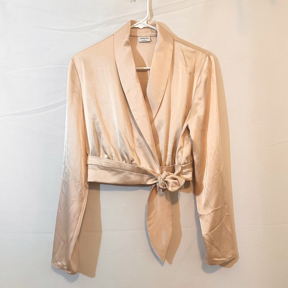 ARITZIA Babaton Davis Wrap Long Sleeve Crop Pink Blouse Sz. S - Picture 2 of 5